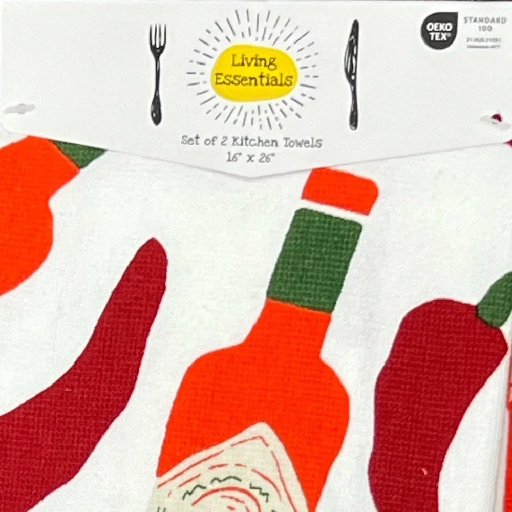 Living Essentials - ‘Hot Sauce’ dish towels (2). NWT. Firm!